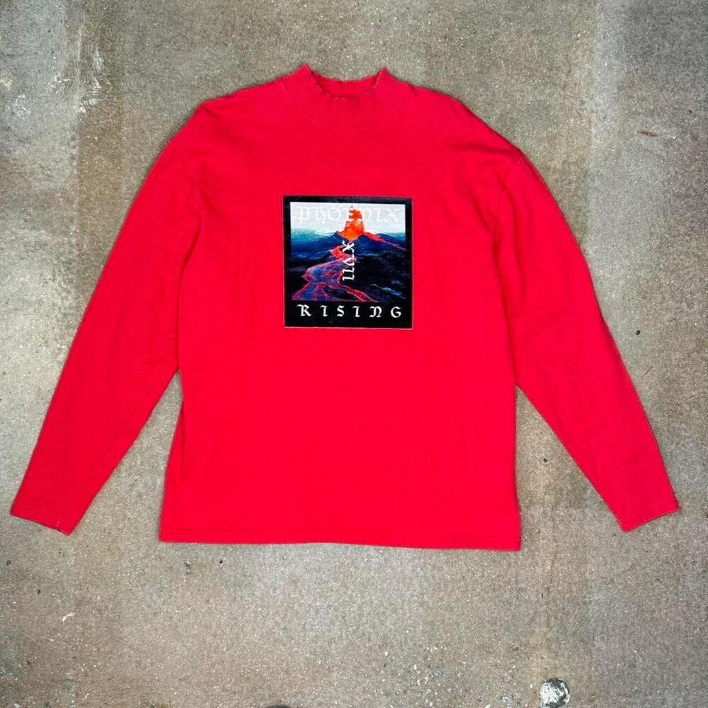 Red Topman Phoenix Rising mock neck long sleeve with graphic volcano print